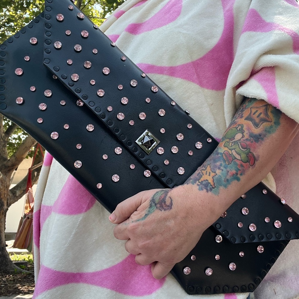 Studded Black Clutch with Pink Accents